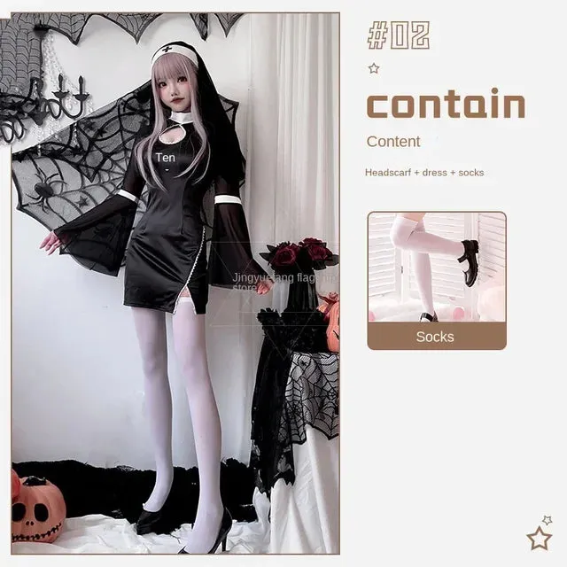 Sexy Women Nun Gothic Outfits Vampire Cosplay Halloween Party Dress-up