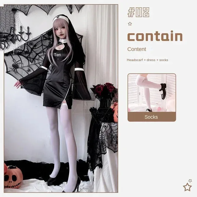 Sexy Women Nun Gothic Outfits Vampire Cosplay Halloween Party Dress-up
