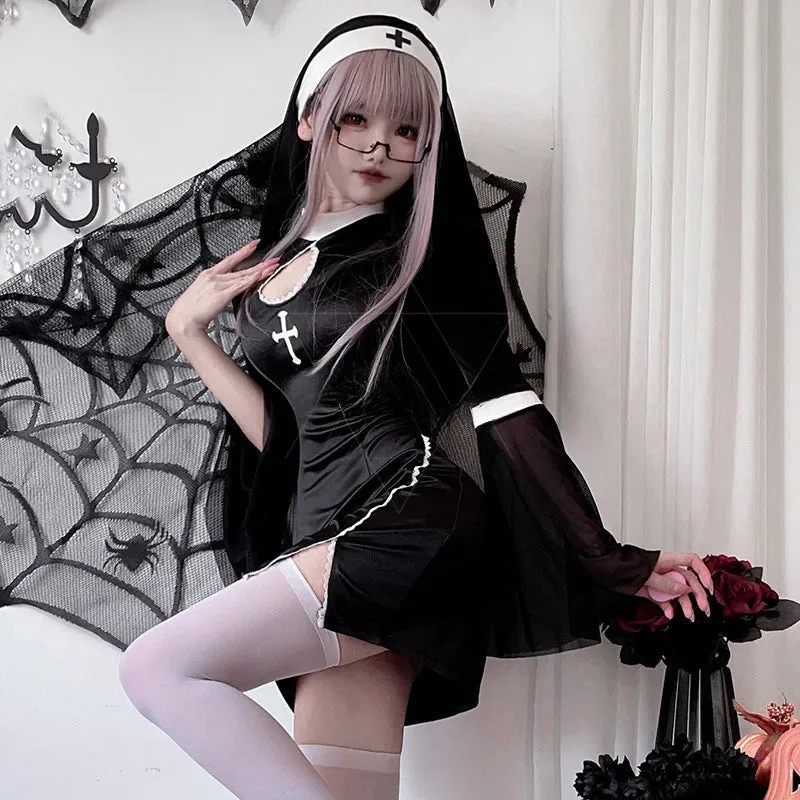 Sexy Women Nun Gothic Outfits Vampire Cosplay Halloween Party Dress-up