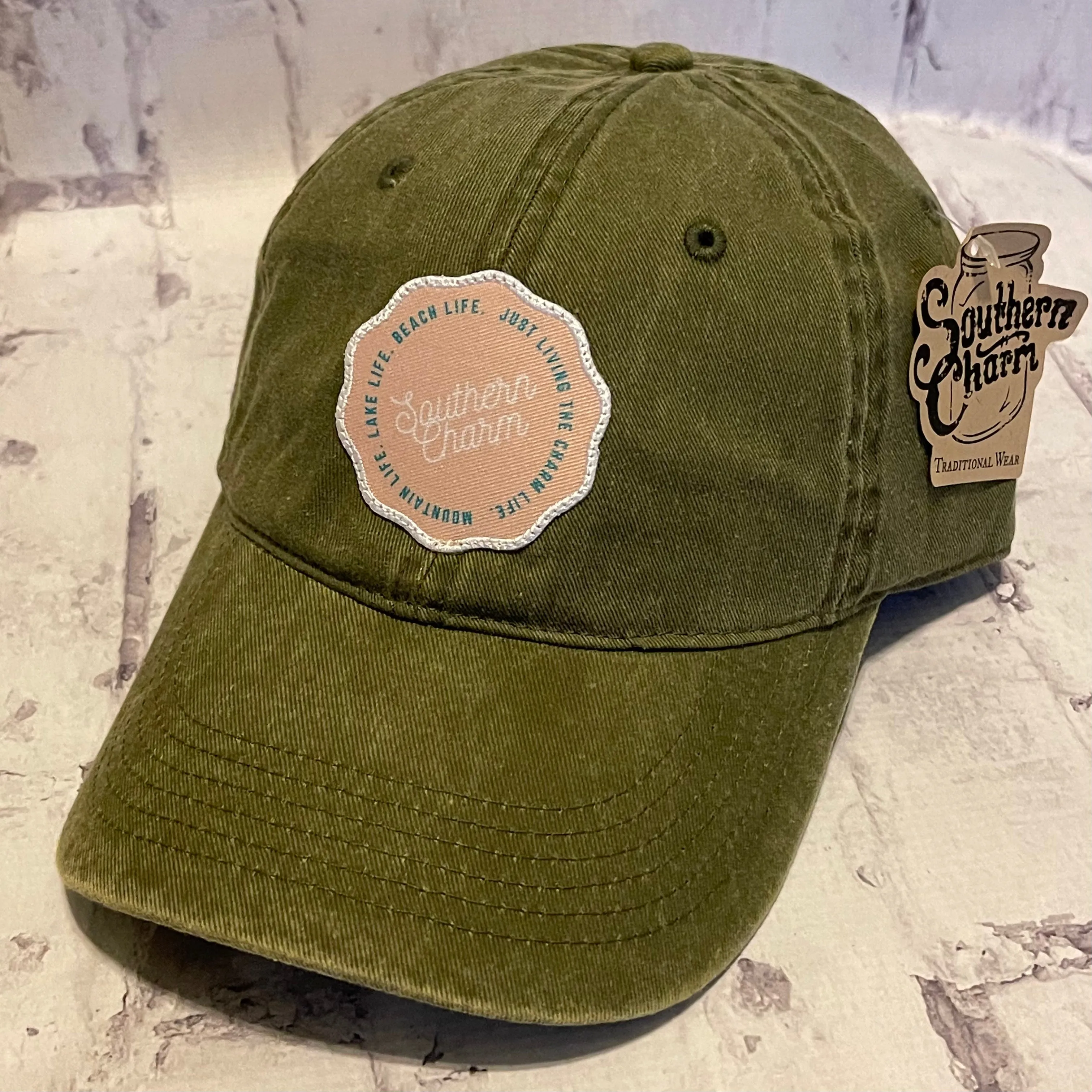Southern Charm "Mtn Lake Beach" Hat - Olive with Woven Patch