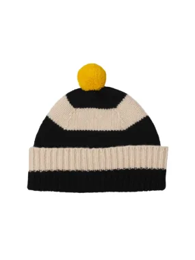 Stripe PomPom Hat - Black and Oatmeal