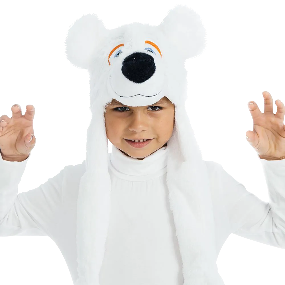 White Polar Bear Plush Headpiece Kids Costume Dress-Up Play Accessory Hat Animal