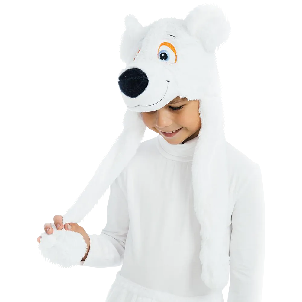 White Polar Bear Plush Headpiece Kids Costume Dress-Up Play Accessory Hat Animal