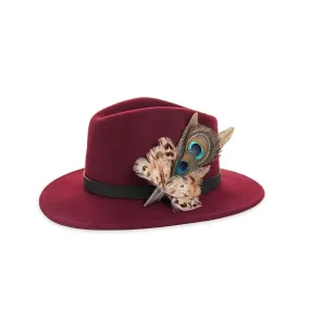 Wine Fedora with Peacock and Hen Pheasant Pin