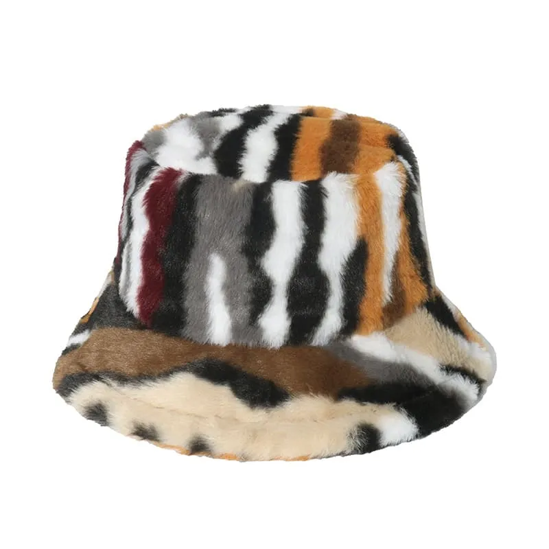 Winter Striped Fur Bucket Hat