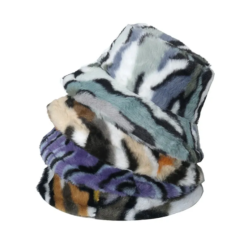 Winter Striped Fur Bucket Hat