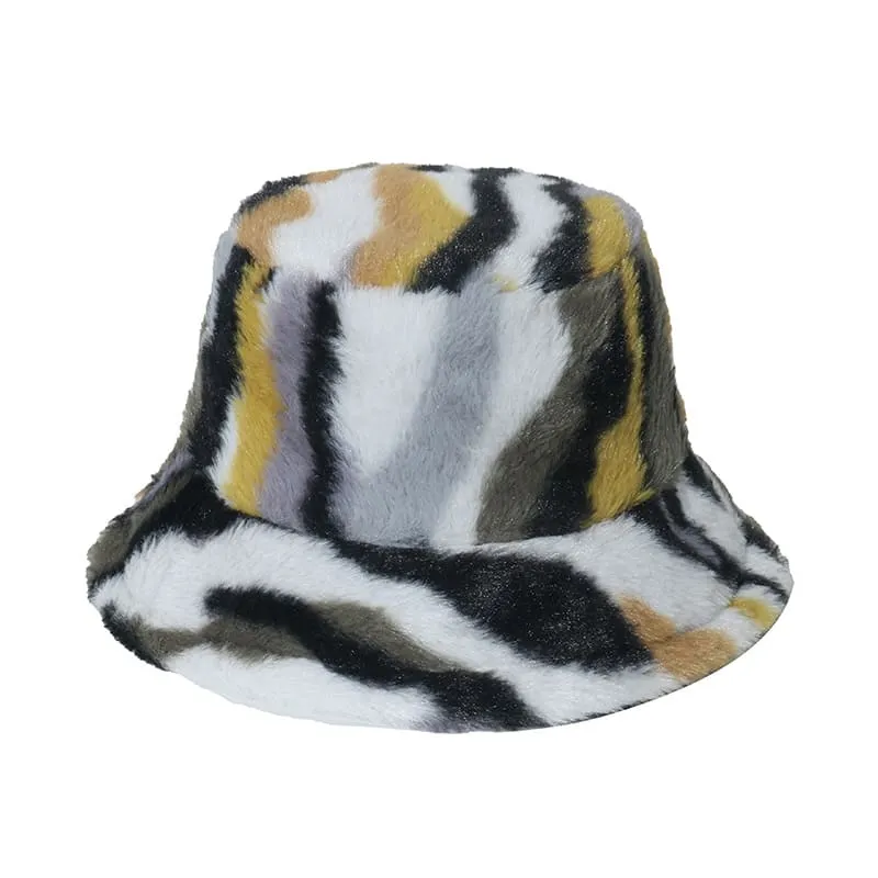 Winter Striped Fur Bucket Hat